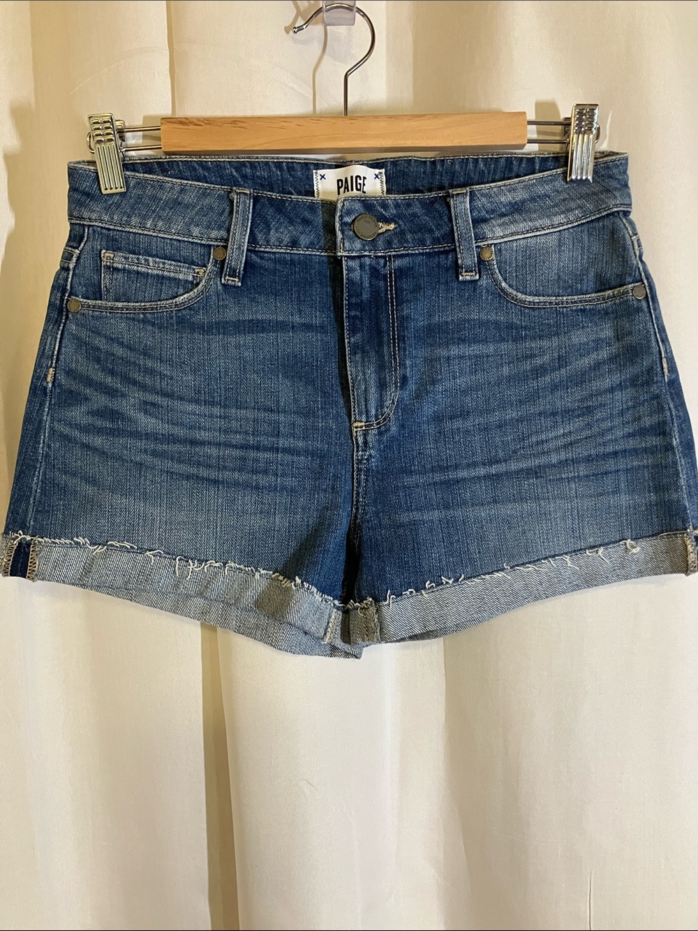 PAIGE Medium Blue Frayed Cuffed Denim Shorts